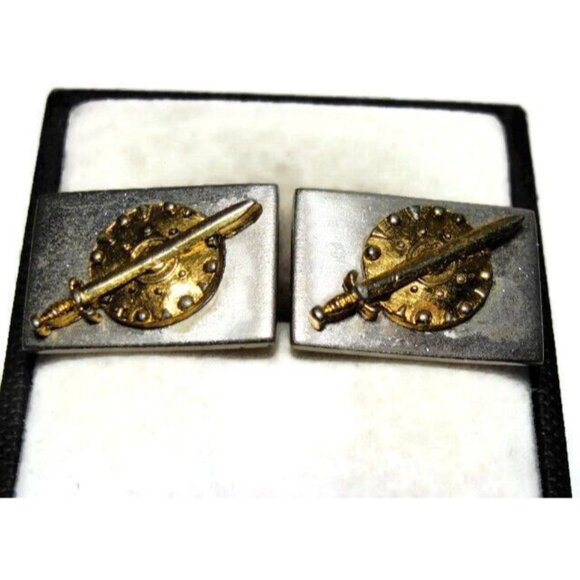 Sword & Shield Silver Tone Gold T Cufflinks Tux Shirt Dress Suit Vintage Shields - Picture 5 of 11